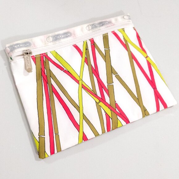 LESPORTSAC Bamboo Print Travel Pouch Pink Green White Makeup Cosmetic Zip Bag - Picture 1 of 2
